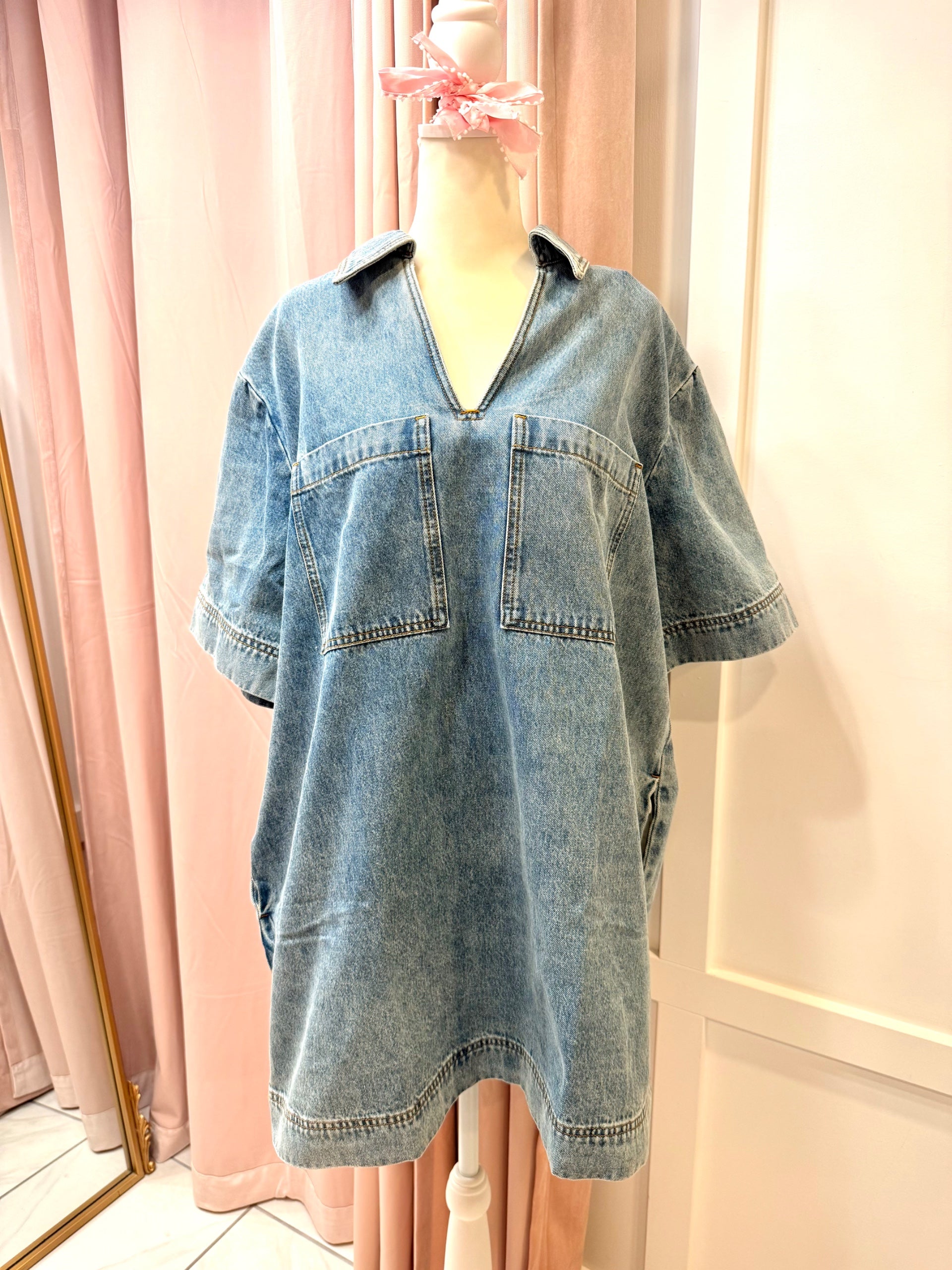 Miou Muse : V-Neck Denim Tunic Dress
