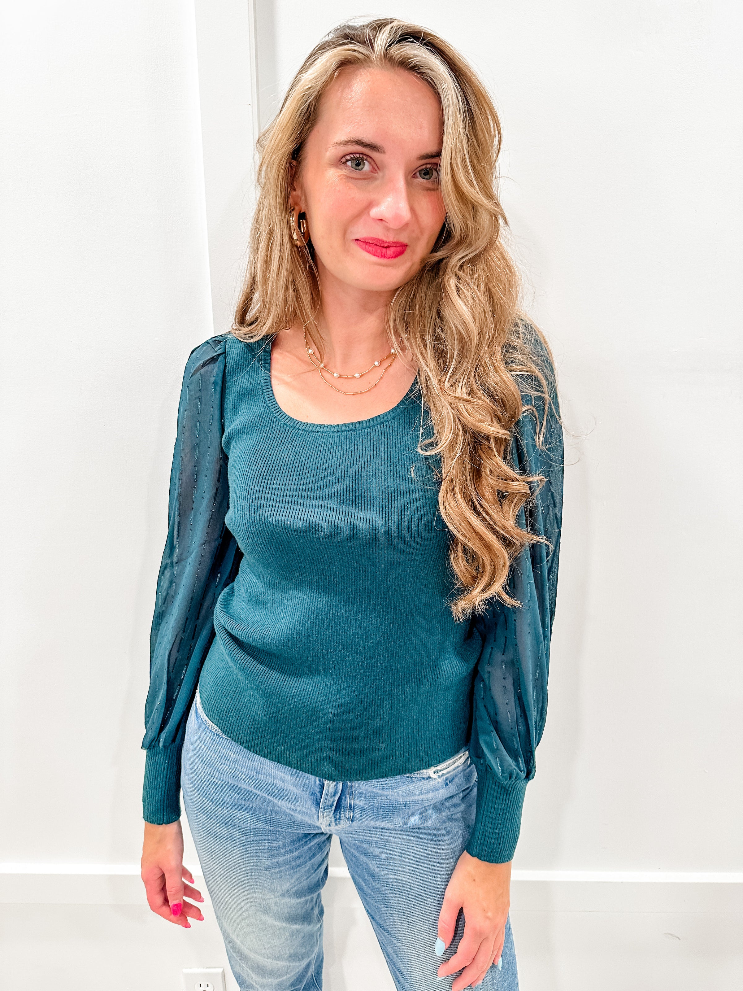 Vine & Love Lori Puff Sleeve Solid Blouse in Kelly Green Small